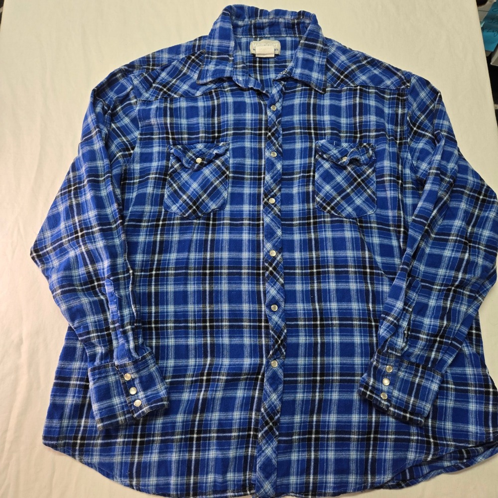 Wrangler Wrancher Pearl Snap Men XXL Plaid Flannel Shirt Long Sleeve Western Blu